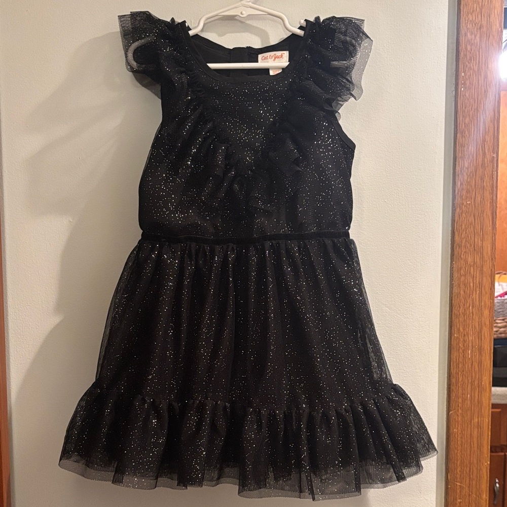 Girls’ Black Glittery Dress with Ruffle Details